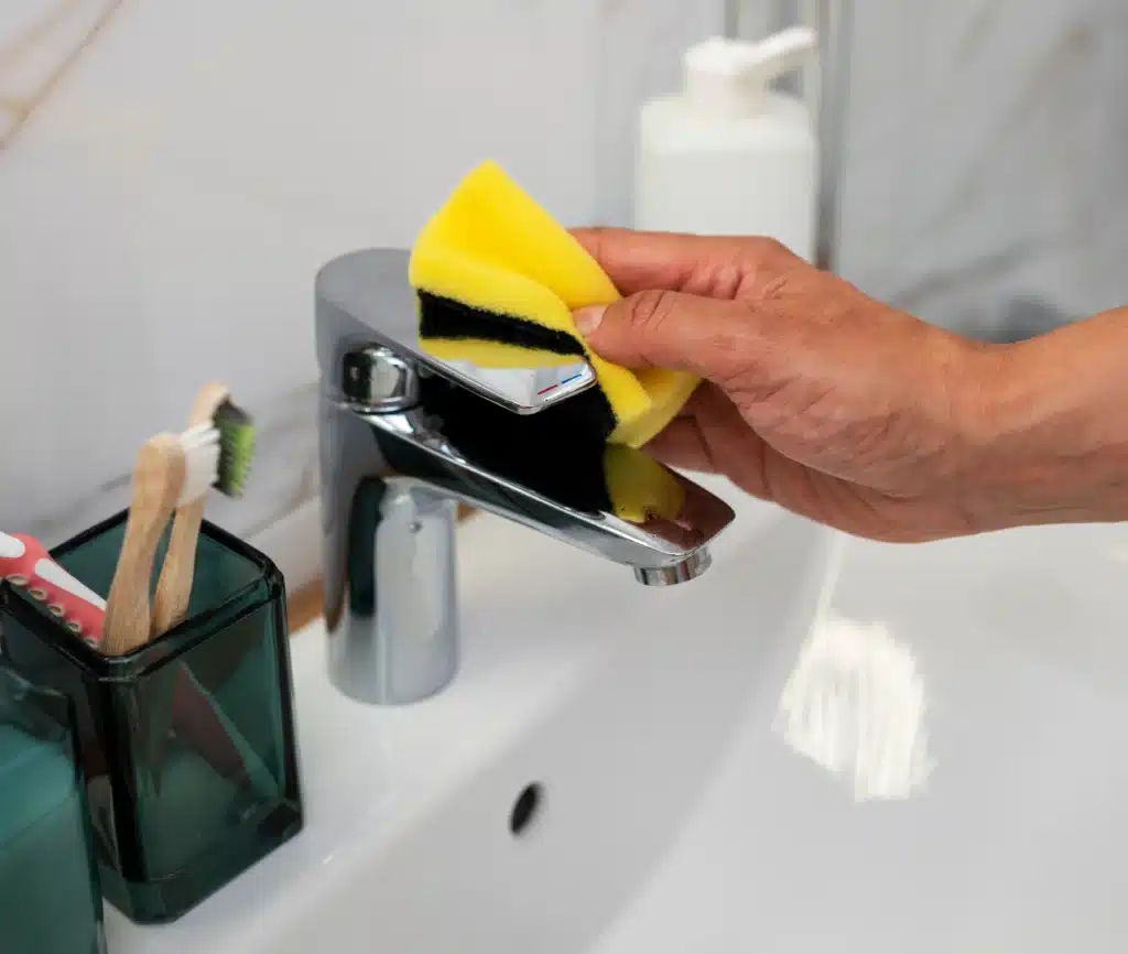 vue latérale d'une main nettoyant un lavabo